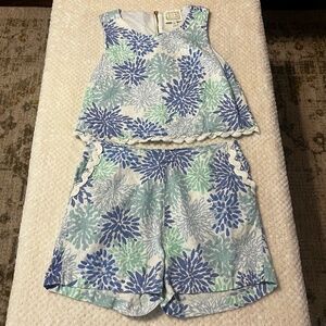 Sail to Sable Short Top Set Womens Medium White Blue Floral Scalloped Hem Beach